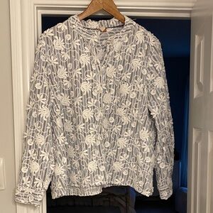 Anthropologie Blue Striped Blouse with White Embroidery